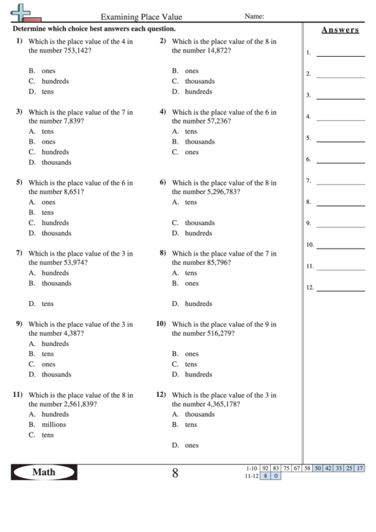 Examining Place Value Worksheet With Answer Key Printable pdf