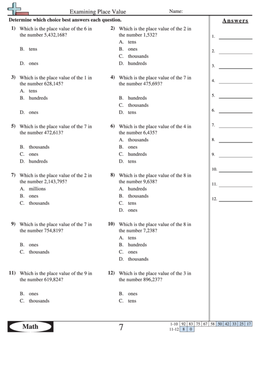 Examining Place Value Worksheet With Answer Key Printable pdf