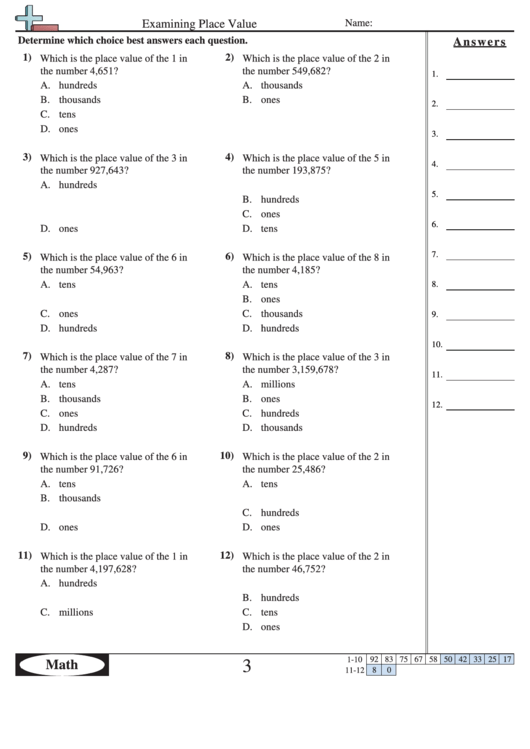 examining place value worksheet with answer key printable pdf download