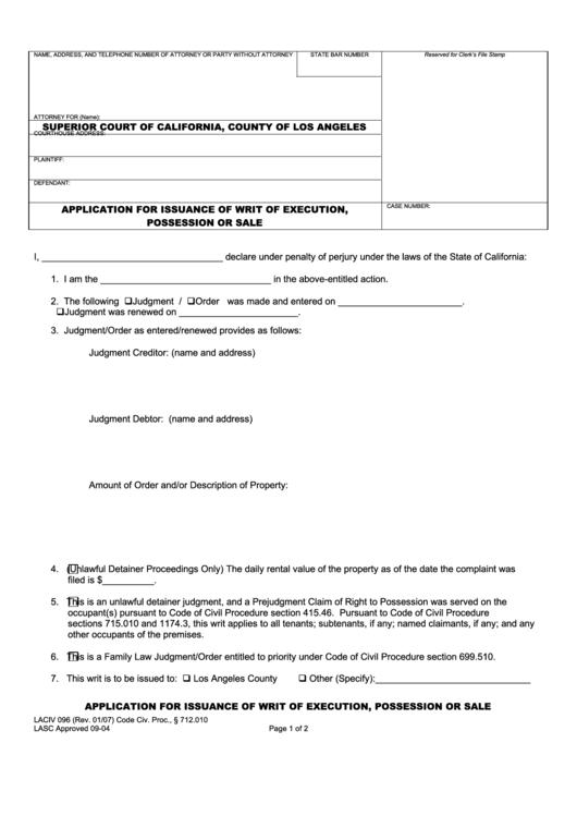 Fillable Application For Issuance Of Writ Of Execution, Possession Or Sale Form - Superior Court Of California Printable pdf