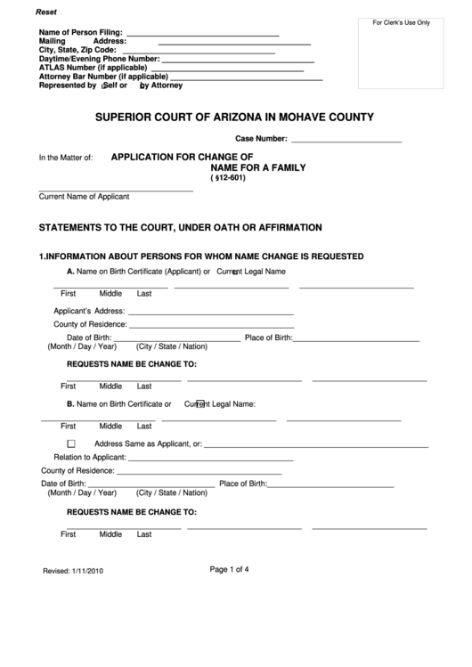 Fillable Application For Change Of Name For A Family - Superior Court Of Arizona In Mohave County Printable pdf
