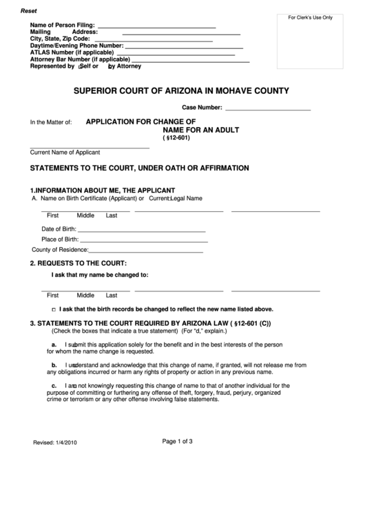 Fillable Application For Change Of Name For An Adult - Superior Court Of Arizona In Mohave County Printable pdf
