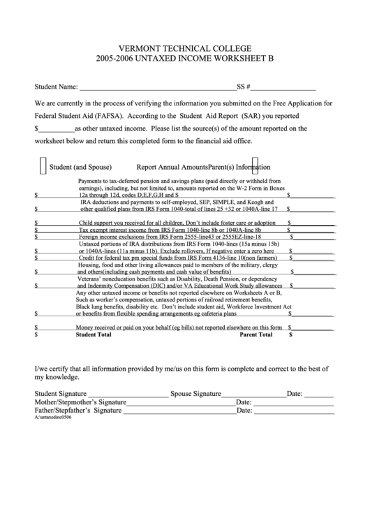 Vermont Technical College 2005-2006 Untaxed Income Worksheet B
