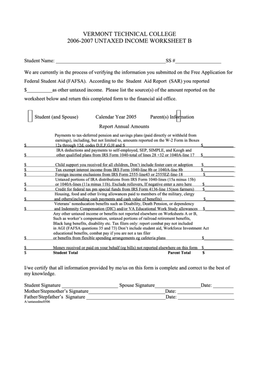 Vermont Technical College 2006-2007 Untaxed Income Worksheet B