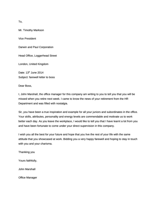 Sample Farewell Letter To A Colleague Printable pdf
