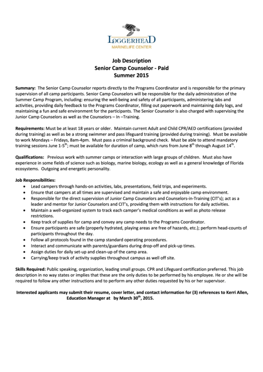 Senior Camp Counselor Job Description Printable pdf