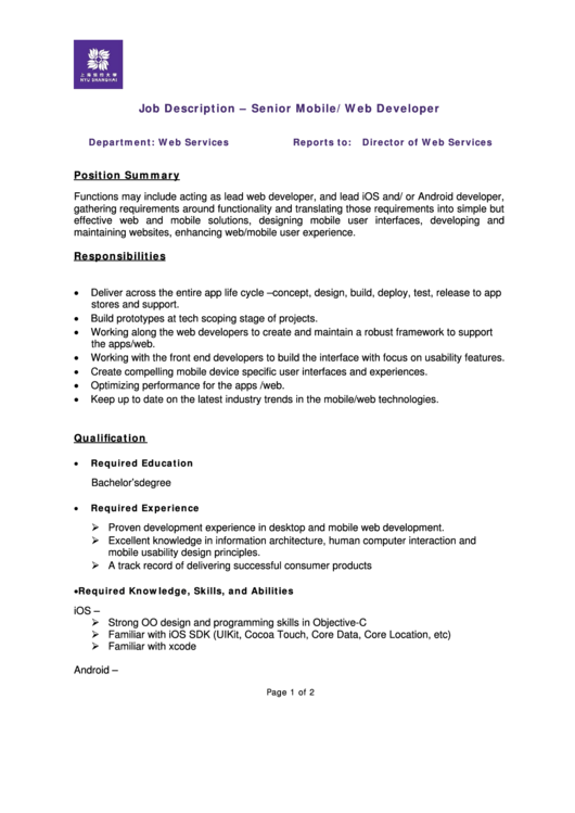 Job Description - Senior Mobile/web Developer Printable pdf