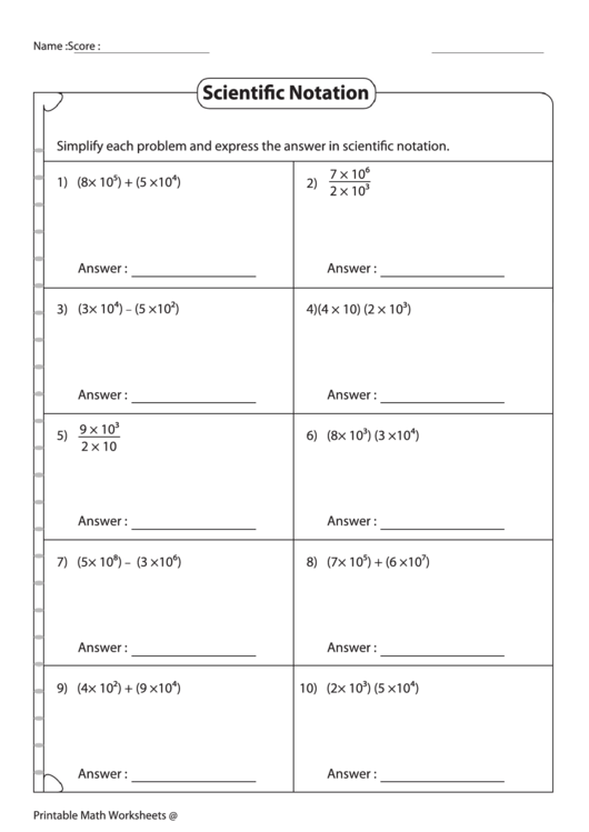 Simplifying Expressions In Scientific Notation Worksheet With Answer Key Printable pdf