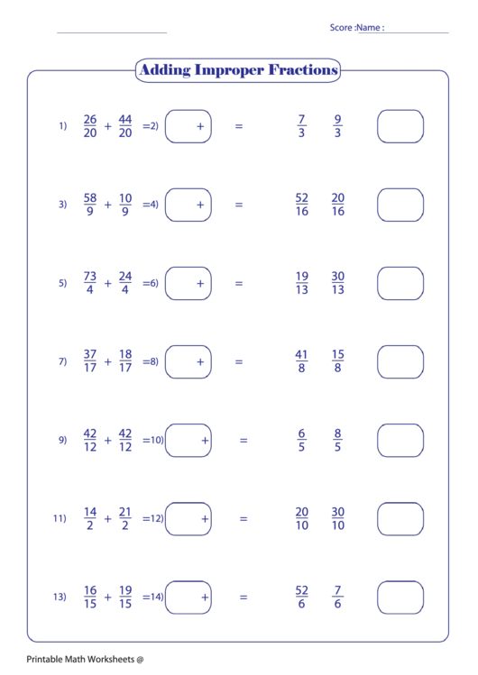 Adding Improper Fractions 28 Printable pdf
