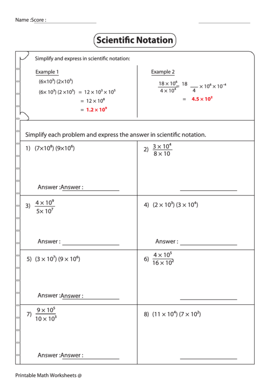 Simplifying Expressions In Scientific Notation Worksheet With Answer Key Printable pdf