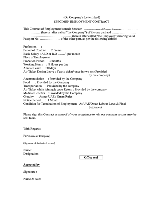 Specimen Employment Contract Printable pdf