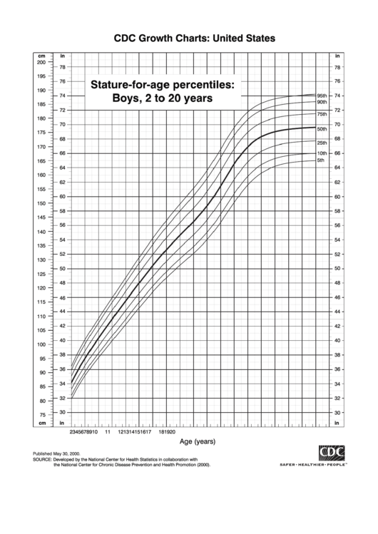 Cdc Growth Charts Stature For Age Percentiles Boys 2 To 20 Years Printable pdf