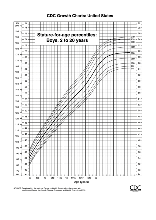 Cdc Growth Charts Stature-For-Age Percentiles: Boys, 2 To 20 Years Printable pdf