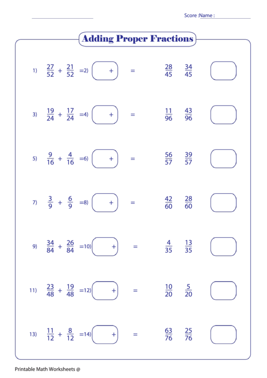 Adding Proper Fractions 30 Printable pdf