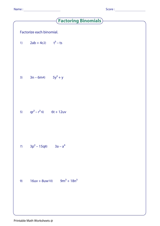 Factoring Binomials Worksheet Printable pdf