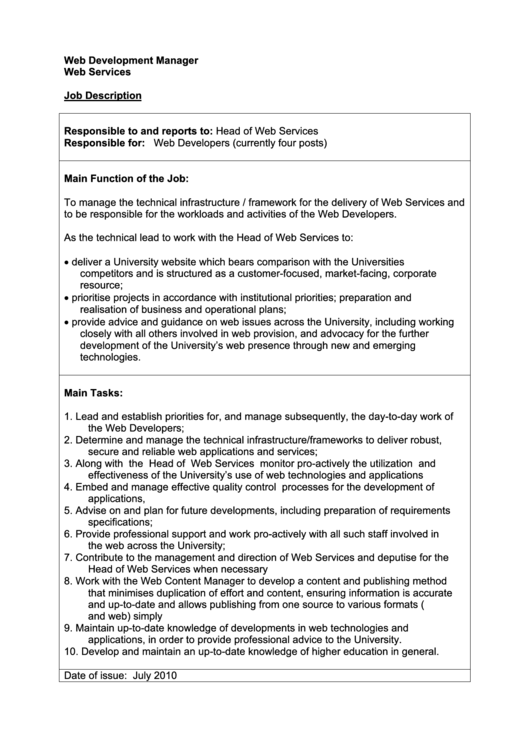 Web Development Manager Job Description Printable pdf