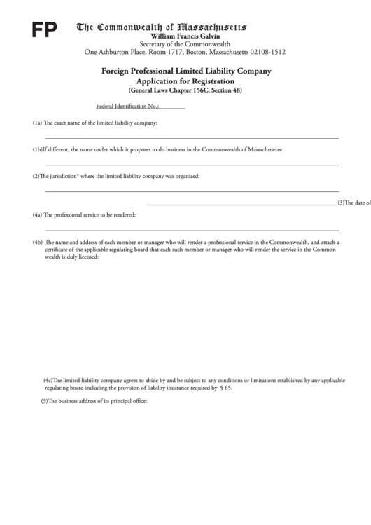 Fillable Foreign Professional Limited Liability Companyapplication For Registration - Commonwealth Of Massachusetts Printable pdf