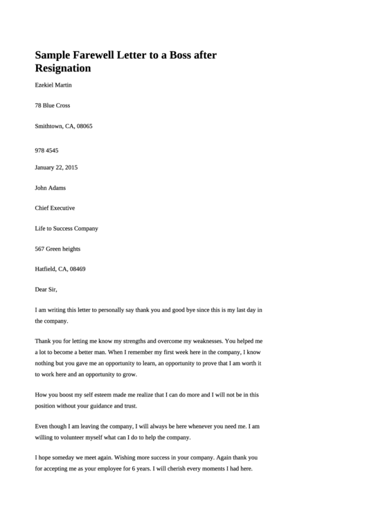 Sample Farewell Letter To A Boss After Resignation Printable pdf