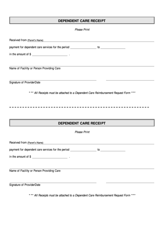 Fillable Dependent Care Receipt Printable pdf