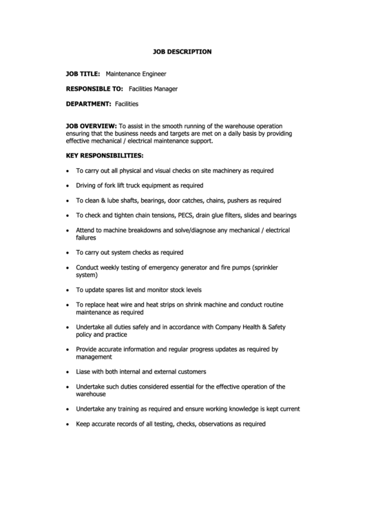 Maintenance Engineer Job Description Printable pdf