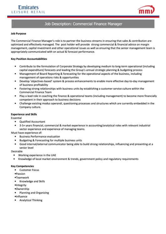 Commercial Finance Manager Job Description Printable pdf