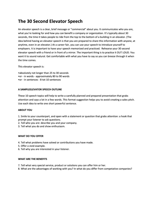 The 30 Second Elevator Speech Outline printable pdf download