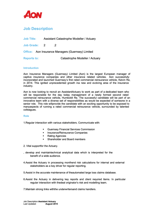 Job Description - Assistant Catastrophe Modeller / Actuary Printable pdf