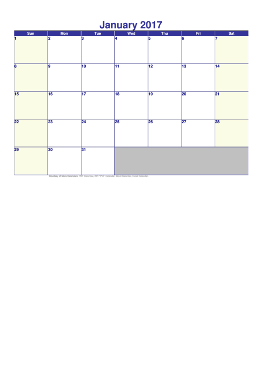 January 2017 Calendar Printable pdf
