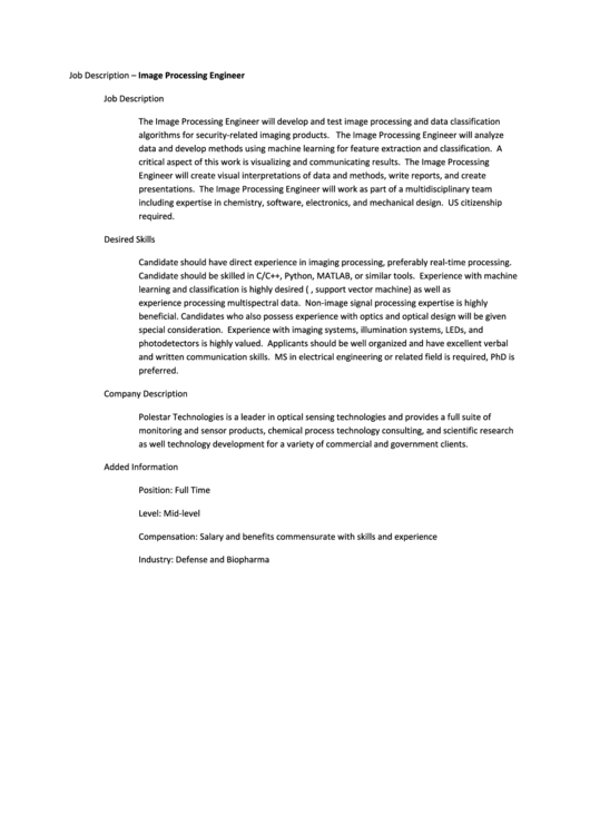Image Processing Engineer Job Description Printable pdf