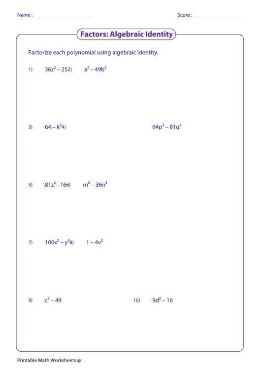 Algebraic Identity Worksheet Printable pdf
