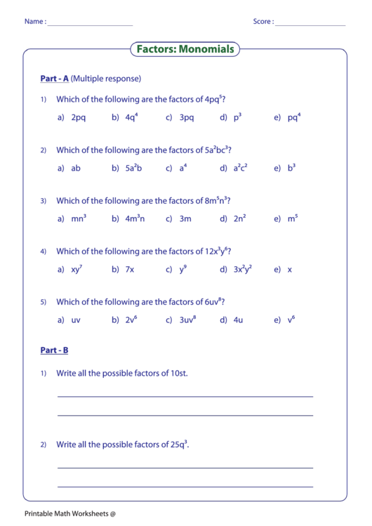 Factors - Monomials Worksheet Printable pdf