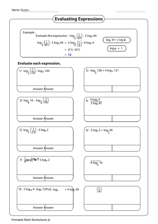 Evaluating Expressions Worksheet Printable pdf