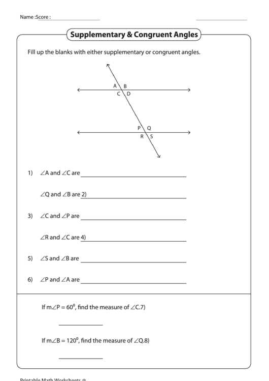 Supplementary And Congruent Angles Worksheet Printable pdf