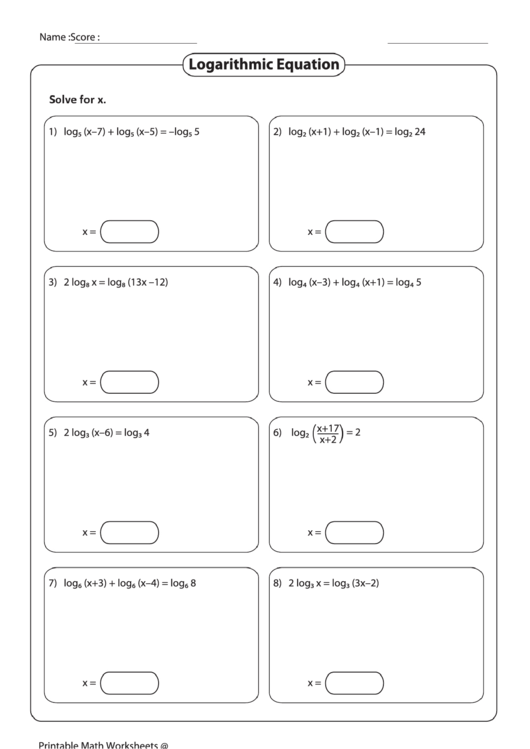 Logarithmic Equation Worksheet Printable pdf