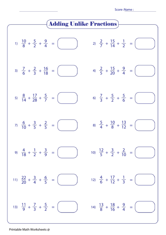 Adding Unlike Fractions printable pdf download