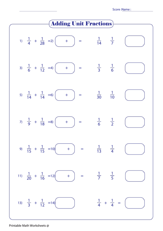 Adding Unit Fractions Printable pdf