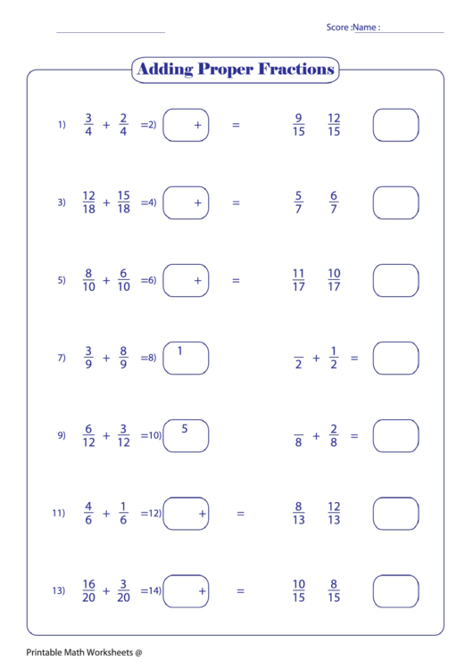 Adding Proper Fractions Printable pdf