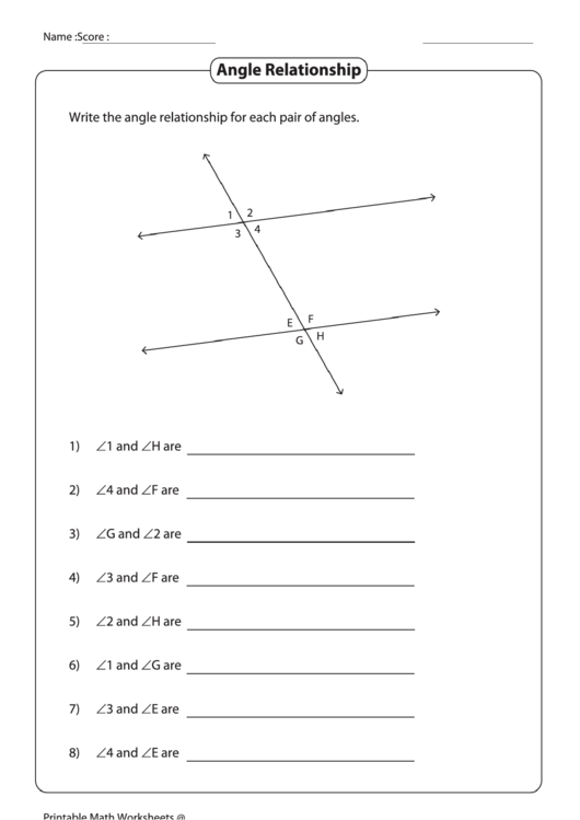 Angle Relationship Worksheet Printable pdf