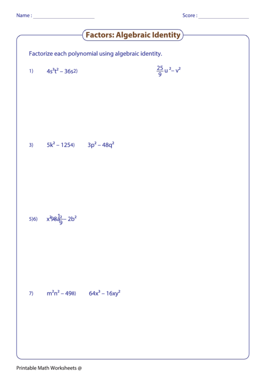 Factors - Algebraic Identity Worksheet Printable pdf