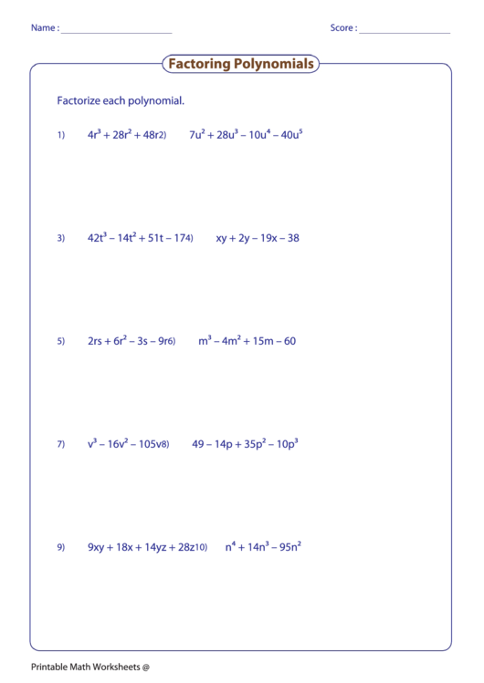 Factoring Polynomials Worksheet Printable pdf