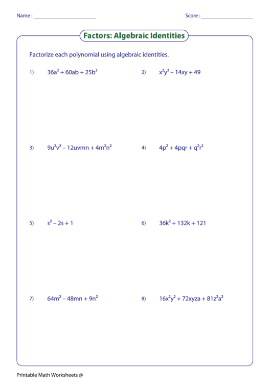 Factors - Algebraic Identities Worksheet Printable pdf