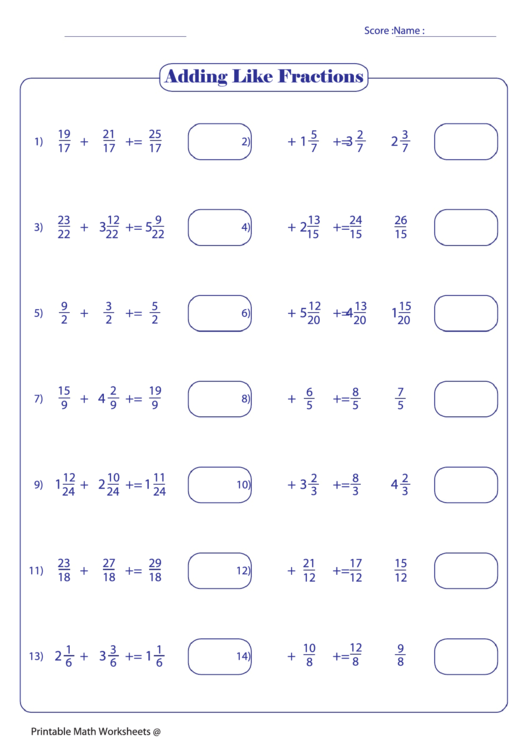 Adding Like Fractions Printable pdf