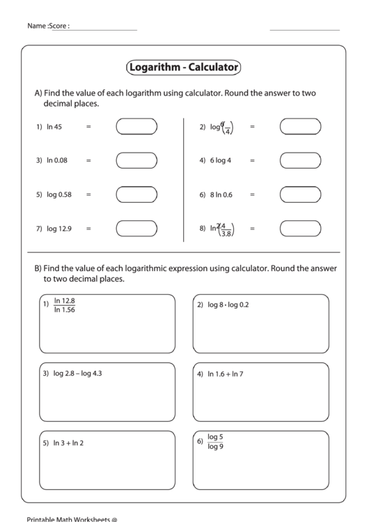 Logarithm - Calculator Worksheet Printable pdf