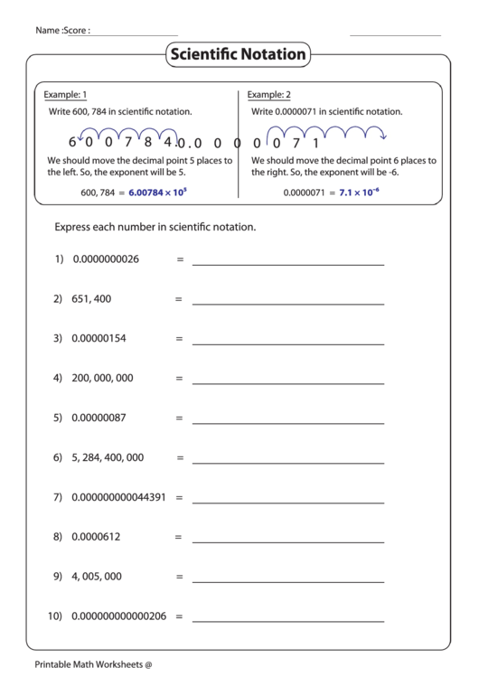 scientific notation worksheet for class 7