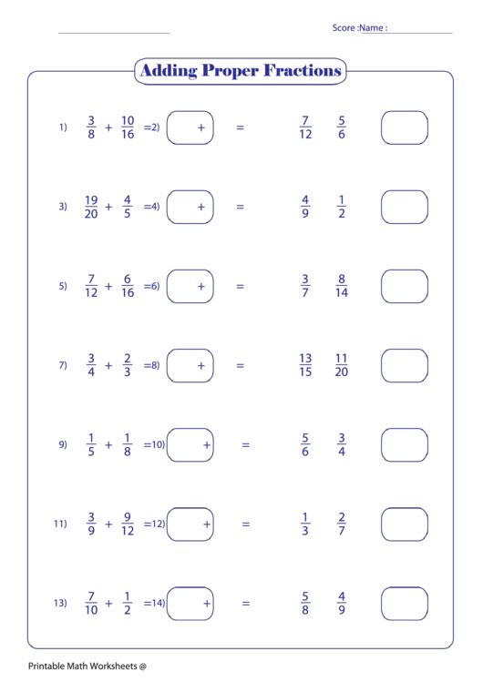 Adding Proper Fractions Printable pdf
