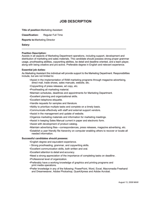 Marketing Assistant Job Description Printable pdf