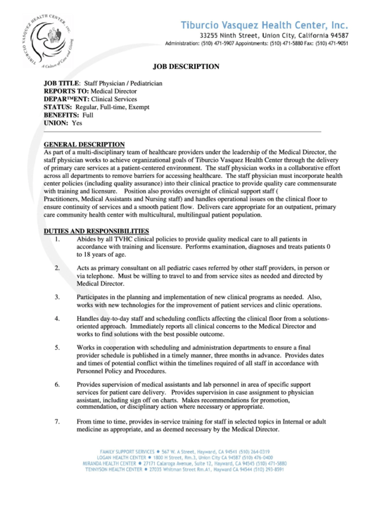 Staff Physician / Pediatrician Job Description Printable pdf