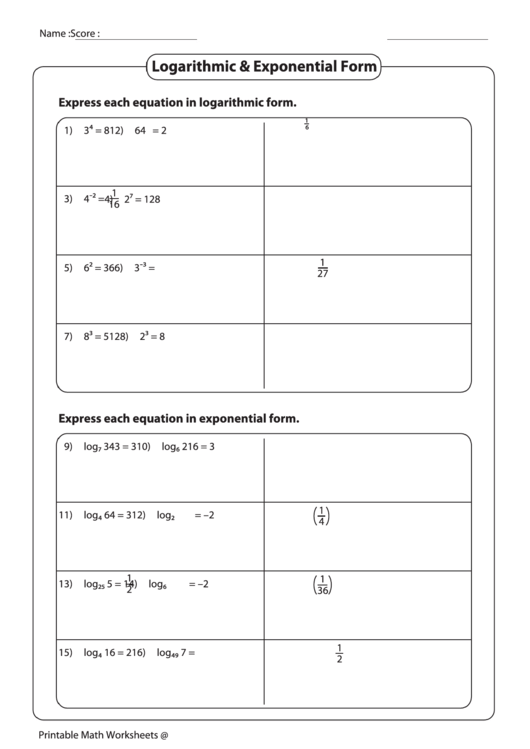 Logarithmic And Exponential Form Worksheet Printable pdf