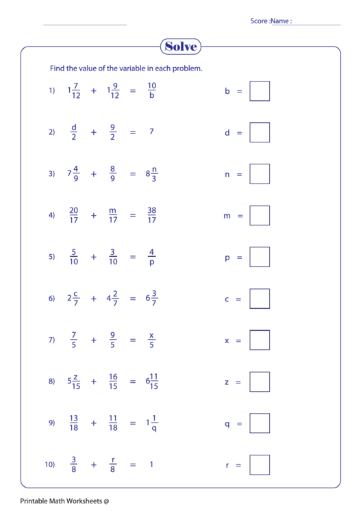 Solve Fractions Worksheet printable pdf download