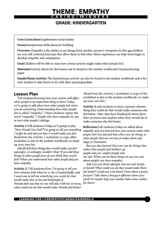 Empathy Worksheet - Grade: Kindergarten Printable pdf